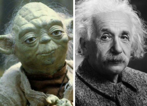 14. При створенні магістра Йоди з Зоряних Воєн частково використовувався образ Альберта Ейнштейна. Зокрема зморшки, для додання персонажеві мудрості.