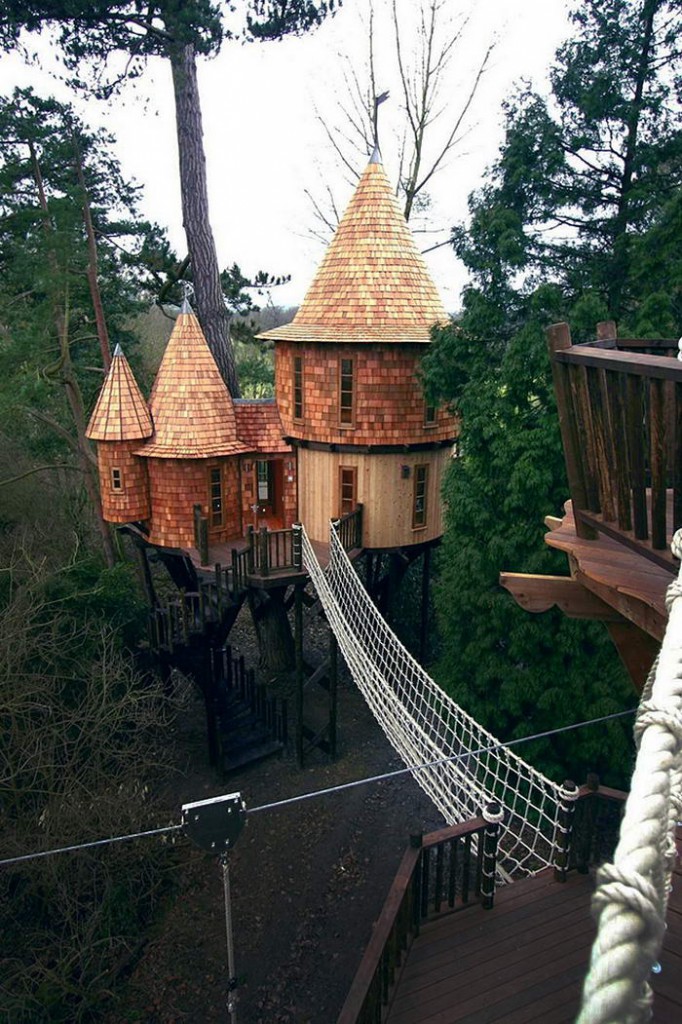 5. Замок на дереве. Этот уникальный замок расположен в Великобритании. Дом имеет веревочный навес-мост для перемещения.