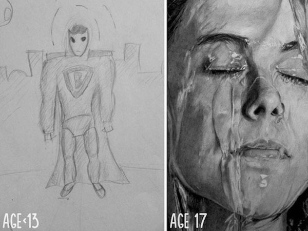 4. Рисунок карандашом в 13 и 17 лет. Реализм просто поражает воображение. 