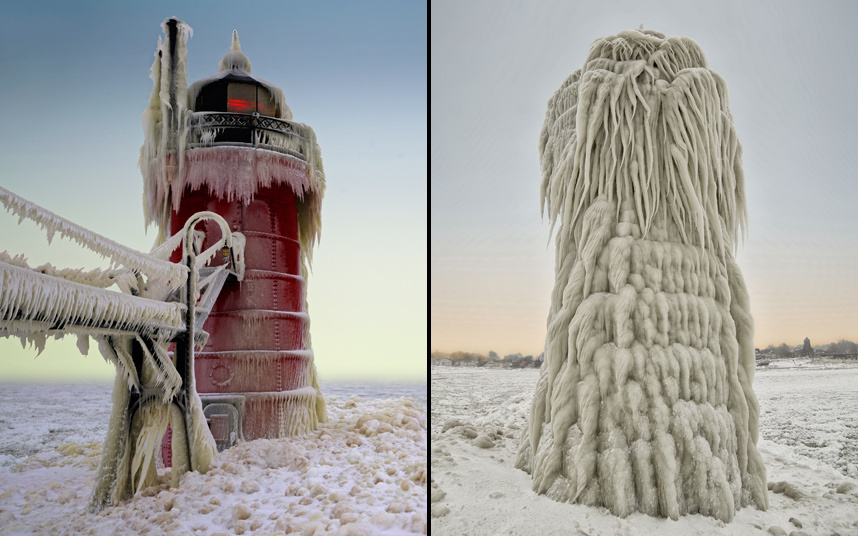 2. Скованный льдом маяк после сильного шторма в Южном Хейвене, штат Мичиган. Сосульки от огромных волн застыли в сюрреалистичных формах. После каждой новой волны вода замерзала практически мгновенно, превратив маяк в необычный столб. Майк Клайн / BARCROFT.