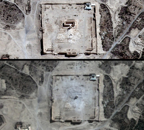 22. Два фото показывают храм Бела до (сверху) и после его уничтожения террористами ИГИЛ.