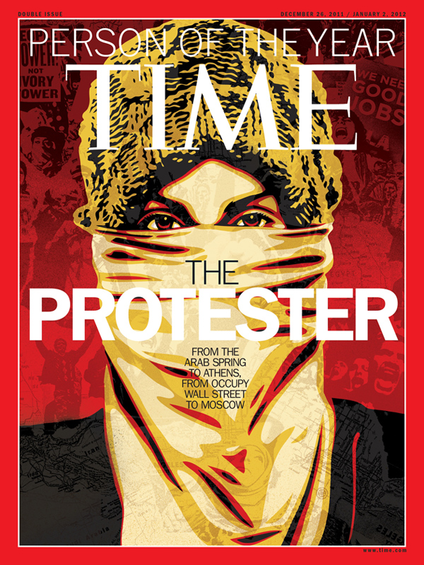 5. «Протестующий» был выбран журналом в качестве Человека года в 2011 году. Это собирательный образ участников Арабской весны, а также акций протеста в Греции, Индии, России и других странах. 