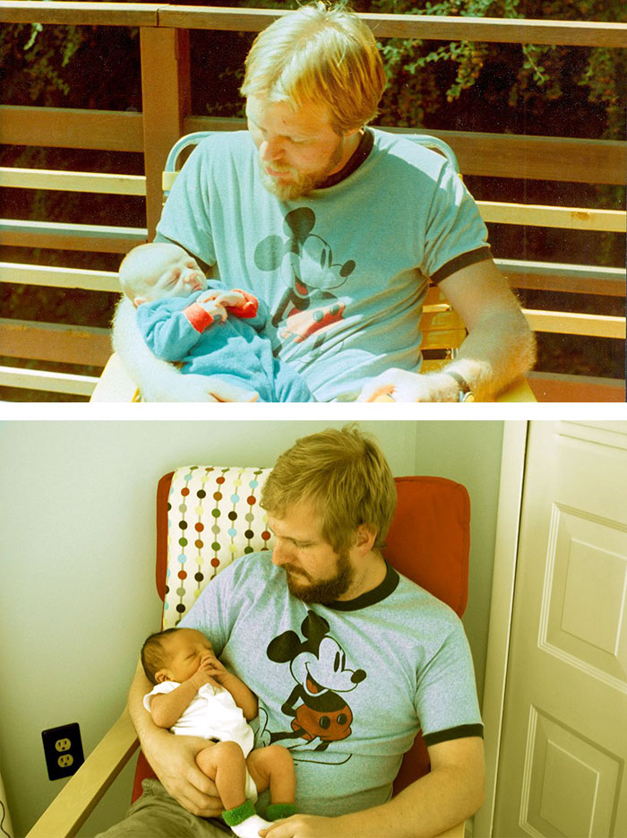 9. Отец с двухнедельным сыном в 29 лет и его 29-летний сын со своим мальчиком, которому акже 2 недели.