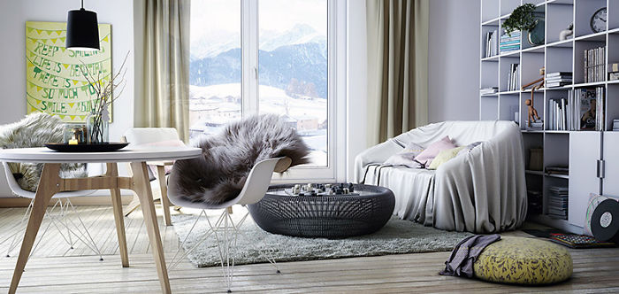11. Дизайн интерьера от Артура Мурадяна для квартир с чудесным видом из окна. Обратите внимание на меховые пледы на стульях.