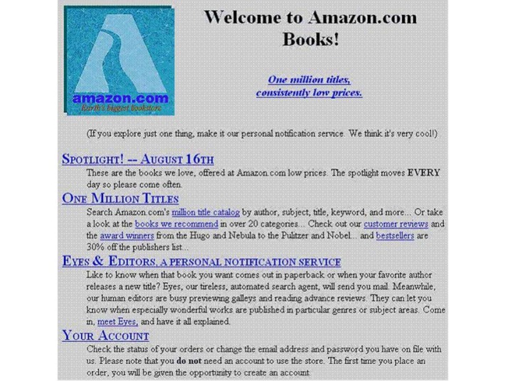 1. Сегодня интернет-магазину Амазон 21 год. Розничный интернет магазин Amazon открылся в 1995 году. А вот так он выглядел. Ничего общего с тем, что мы видим сейчас на сайте.