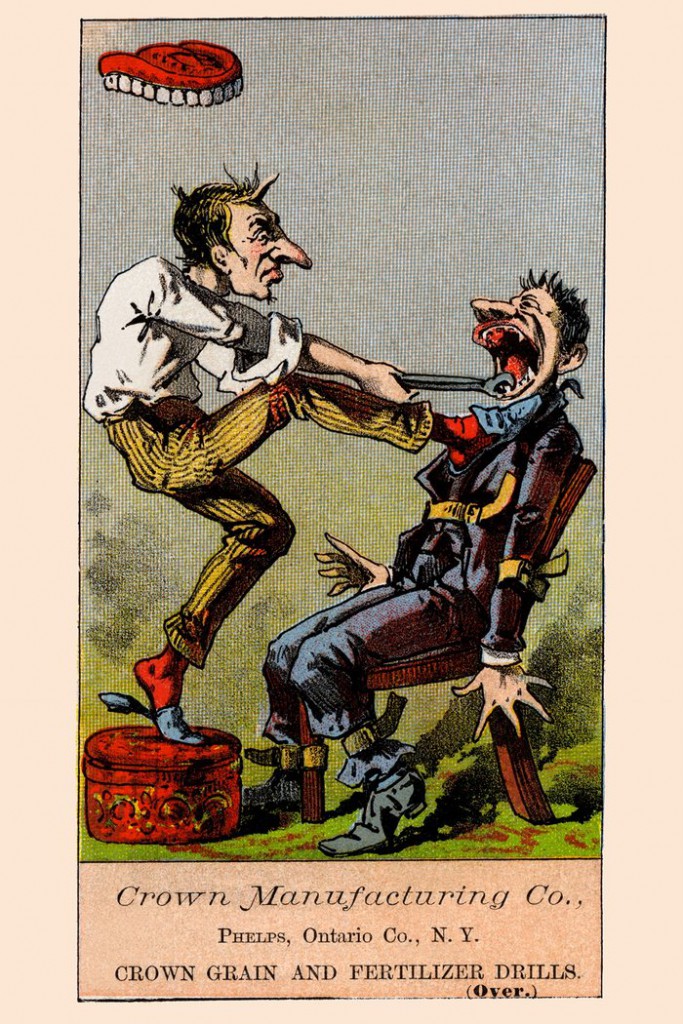 3. Юмористическая карикатура на которой изображен процесс удаления больного зуба. Пациент привязан к креслу ремнями.