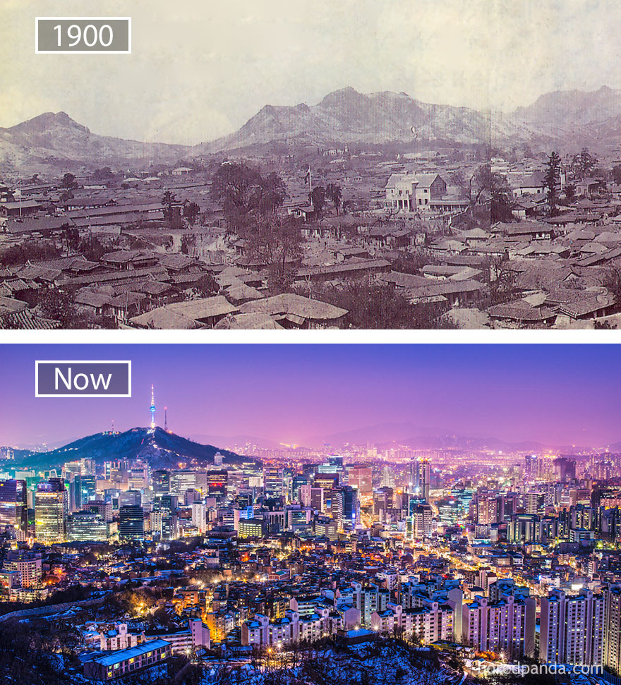 1. Сеул, Южная Корея, в 1900 году и сейчас.