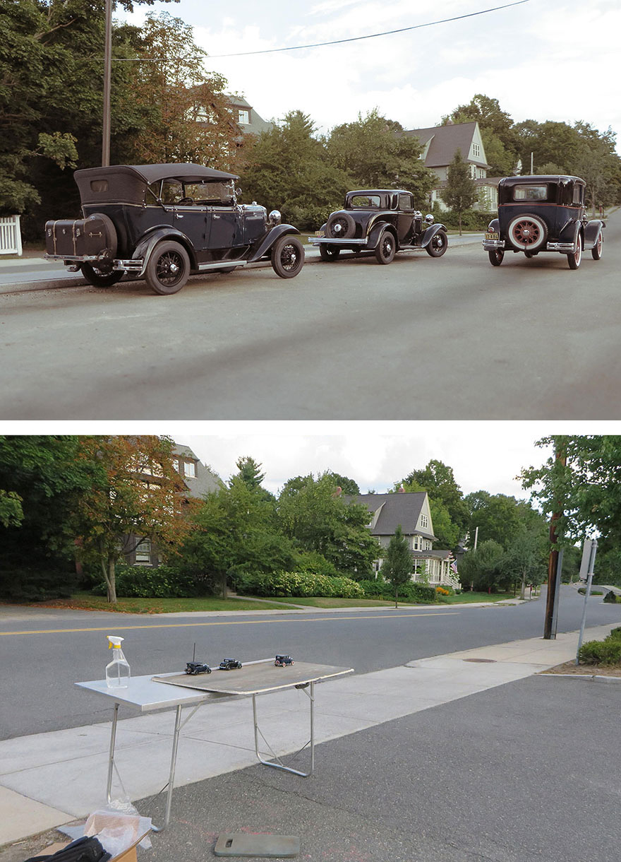 1. Эта историческая фотография снята не так давно, как это кажется на первый взгляд. А старые автомобили ни что иное – как миниатюрные машинки.