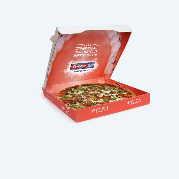 14. Коробка пиццы с напоминанием о том, что после еды нужно чистить зубы. Ну и реклама пасты Colgate.