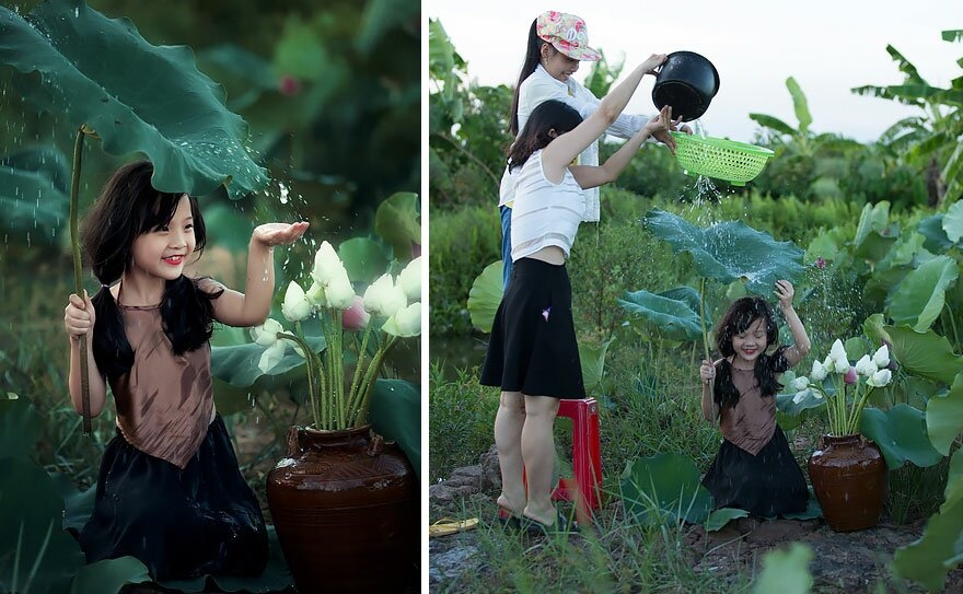 2. Девочка с листком под дождем. Но на самом деле никакого дождя нет.